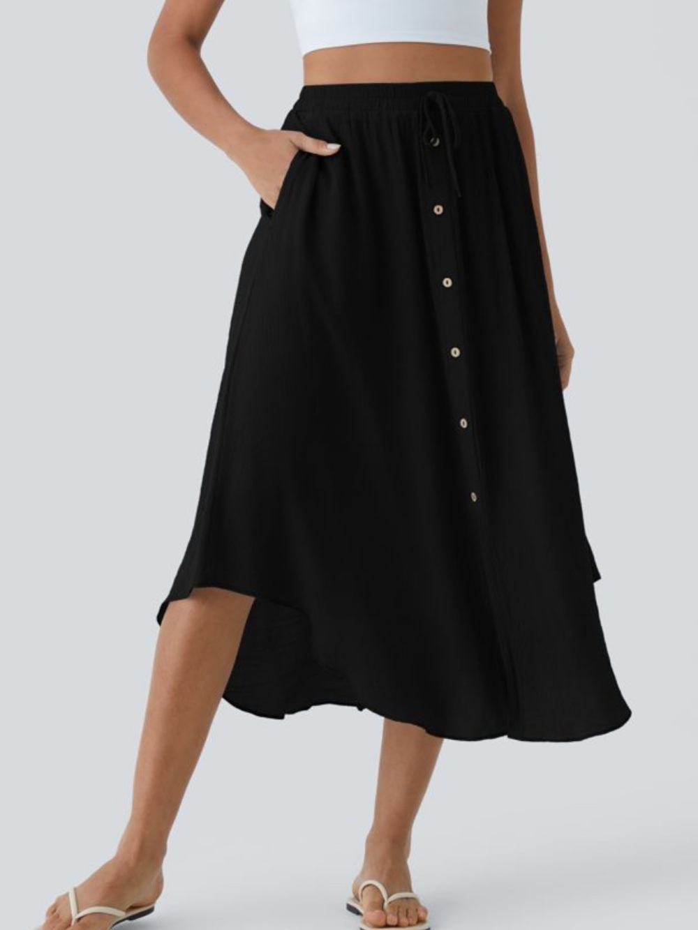 Halara Women's High Waisted Drawstring Pocket Flowy Midi Casual Skirt - Picture 2 of 8